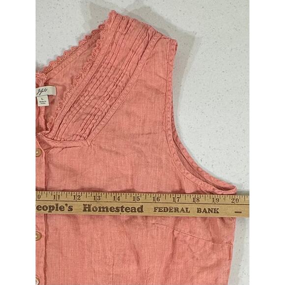 J Jill Sleeveless Top Vest Size Large Peach Coral Button Up Pintuck Pleat Linen - Picture 7 of 8